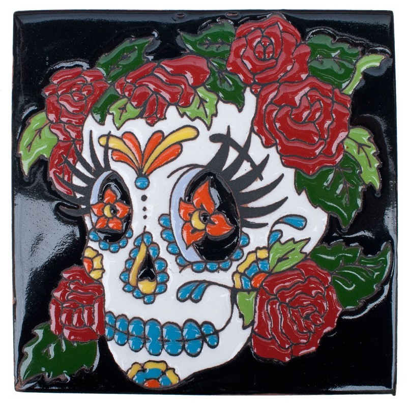Sugar Scull mit Rosen Skelett 15x15 cm Relief Fliese