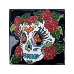 Sugar Scull mit Rosen Skelett 15x15 cm Relief Fliese