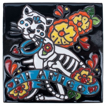 Mi Amigo Katze Skelett 15x15 cm Relief Fliese