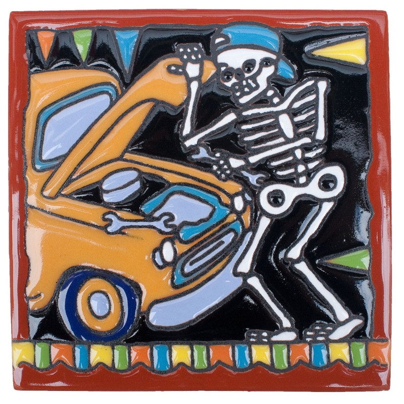 Automechaniker Skelett 15x15 cm Relief Fliese