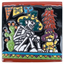 Katze und Kaktus Skelett 15x15 cm Relief Fliese