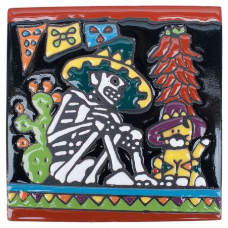 Katze und Kaktus Skelett 15x15 cm Relief Fliese