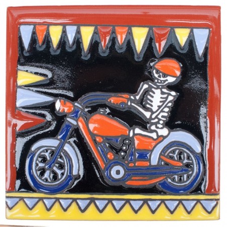 Motorradfahrer Skelett 15x15 cm Relief Fliese