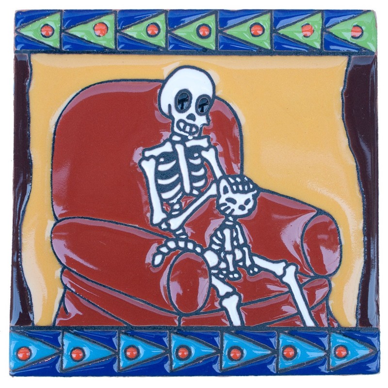 Katze im Sofa Skelett 15x15 cm Relief Fliese