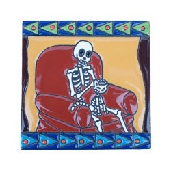 Katze im Sofa Skelett 15x15 cm Relief Fliese