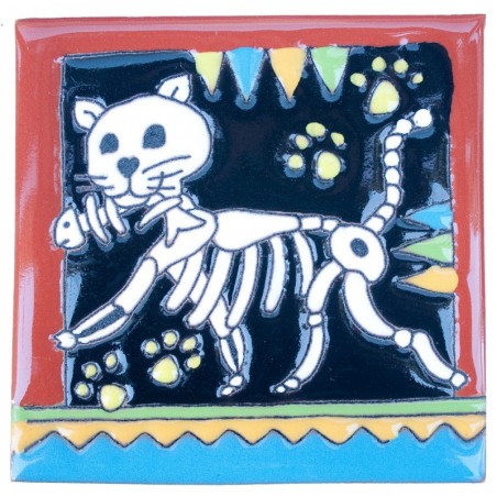 Katze mit Fisch Skelett 11x11 cm Relief Fliese