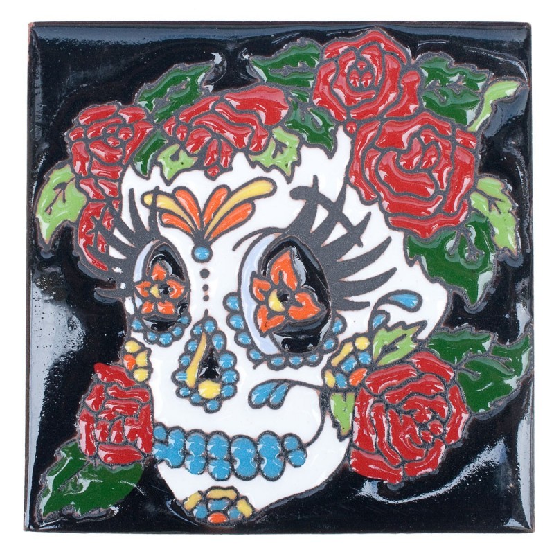 Sugar Scull mit Rosen Skelett 11x11 cm Relief Fliese