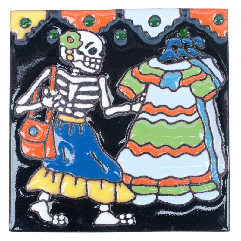 Skelett mit Kleid Skelett 11x11 cm Relief Fliese