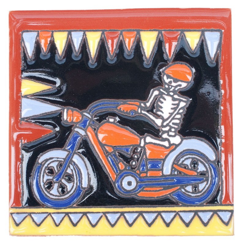 Motorradfahrer Skelett 11x11 cm Relief Fliese