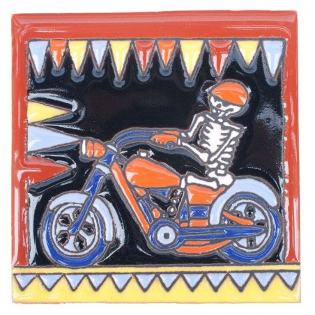 Motorradfahrer Skelett 11x11 cm Relief Fliese