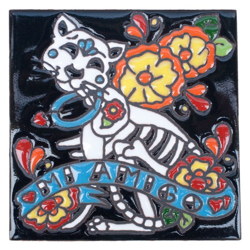 Mi Amigo Katze Skelett 11x11 cm Relief Fliese